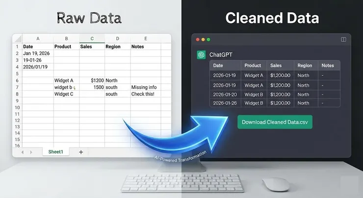 不用再手動刪除空白行或修正日期格式。一個指令,AI 瞬間將雜亂無章的原始檔轉化為標準化的分析數據。
