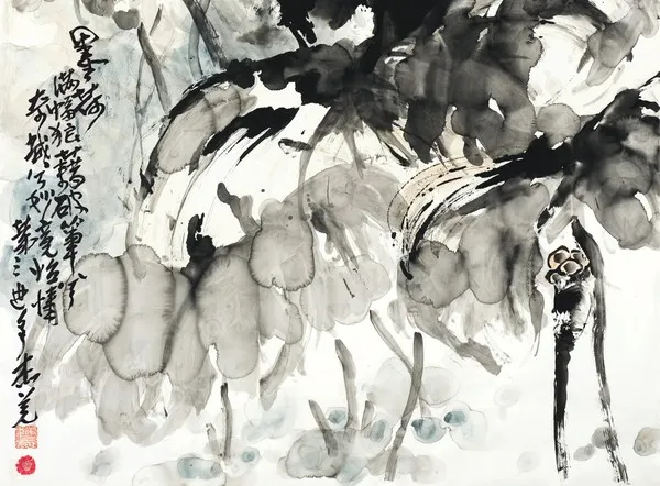 ▲羌佛真品畫都蓋有立體指紋印防偽。（圖／「墨荷」之局部，紐約貞觀國際拍賣公司提供）