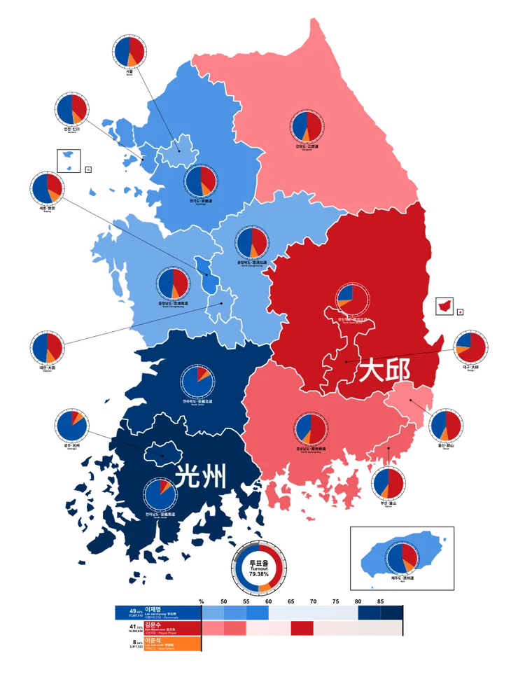 2025韓國總統大選結果分佈(圖/維基百科再編輯)