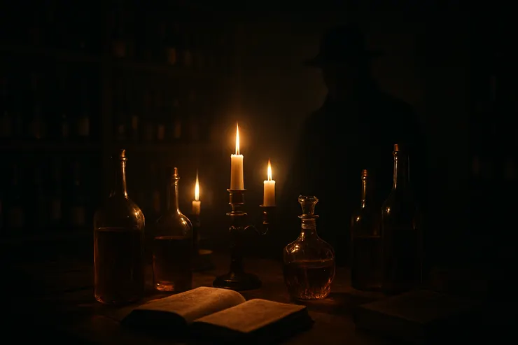 玻璃深處，隱藏著他的秘密，燭光閃爍的收藏室裡，氣味與記憶彼此糾纏。〈本章節插圖示意圖由AI協助生成。〉