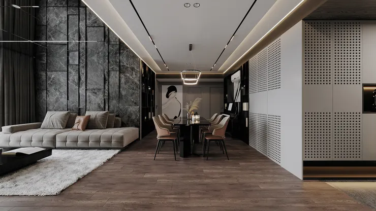 LDK 一體化開放式格局，結合大理石背牆、線性隱藏燈帶與深色木地板，創造具備流動性與氣派社交機能的公共場域。