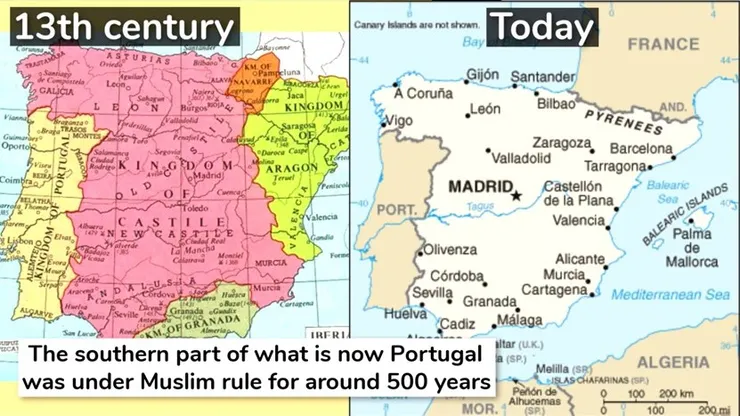 十三世紀中期對比今天的伊比利地圖