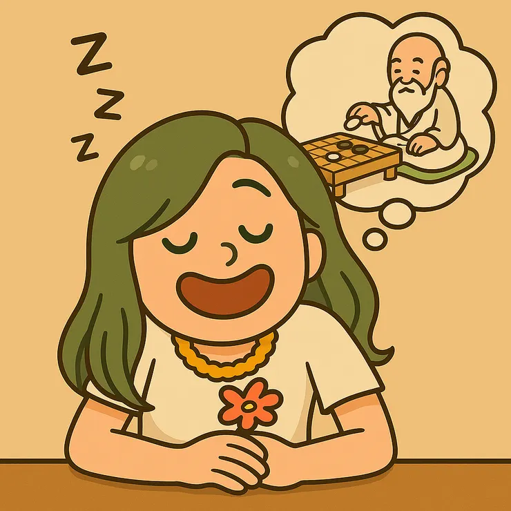 幽默自嘲Q是我養成的一種小特質。她會在我看不懂、腦袋快燒掉的時候冒出來，用搞笑和迷糊陪我打趣。經文雖然艱深，但她總能把我拉回來，笑著說：欸～不懂就先去跟周公下棋啦 XD