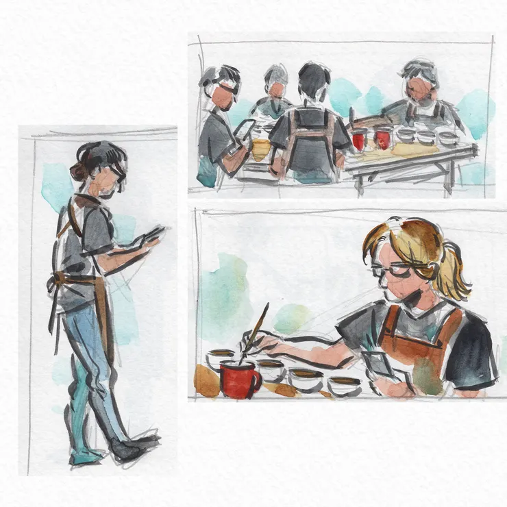 這次由手機APP統整咖啡風味資訊，評審在杯測過程中，時常會拿起手機進行紀錄。