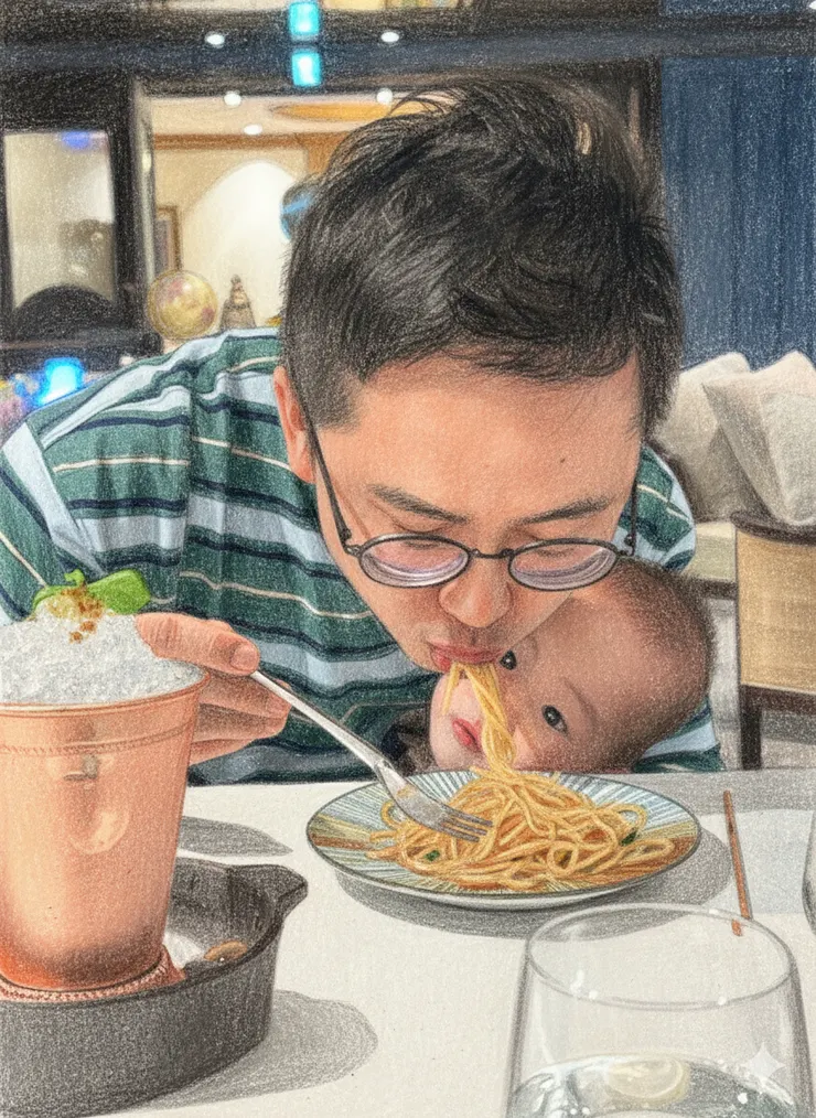 抱著多多吃義大利麵的奶爸