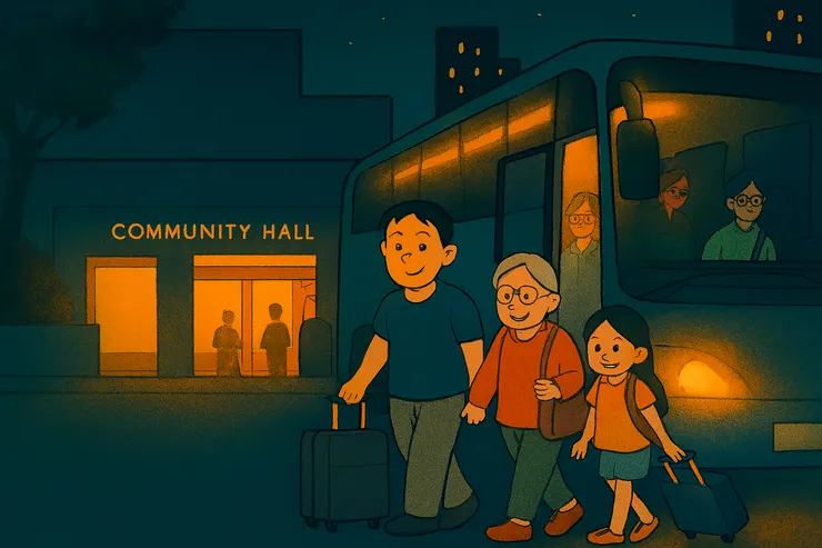 受影響市民以旅遊巴接載到鄰近地區「避難」。（插圖由Copilot協助創作）