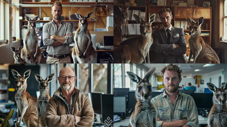 第三次嘗試 bust shot of a man standing between kangaroos in an office, --ar 16:9