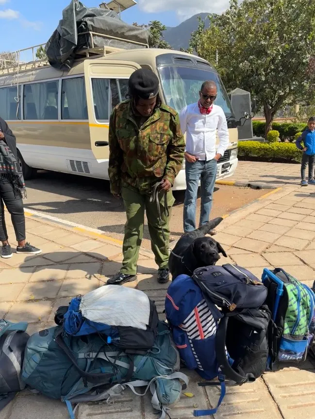 所有行李排好一條直線，確認OK後，人要退到兩旁，狗狗就過來每個包包都聞過，確認OK才能去掃X光