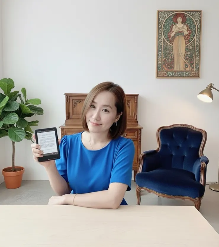 換了衣服，單手拿電子書，背景改成古董矮櫃和畫