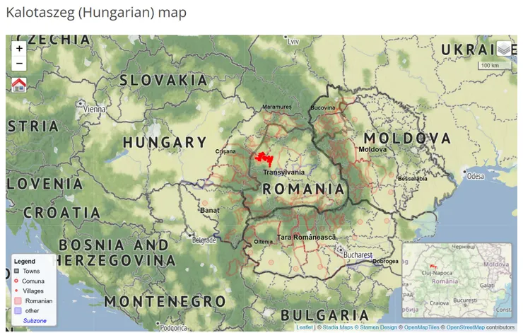 卡洛塔列 Kalotaszeg(紅色標記處) 位於現在的羅馬尼亞境內