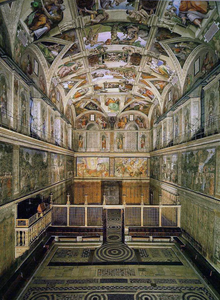 西斯汀教堂內部。By The original uploader was Snowdog at Italian Wikipedia. - http://artchive.com/ftp_site.htm Transferred from it.wikipedia to Commons by Pierpao using CommonsHelper., CC BY-SA 3.0