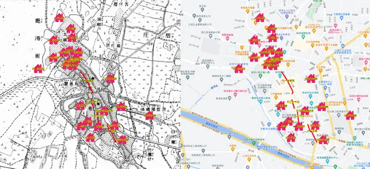 使用農村水保署BigGIS( https://gis.ardswc.gov.tw/map/ )製作的「鹿港普渡歌地點分布圖」