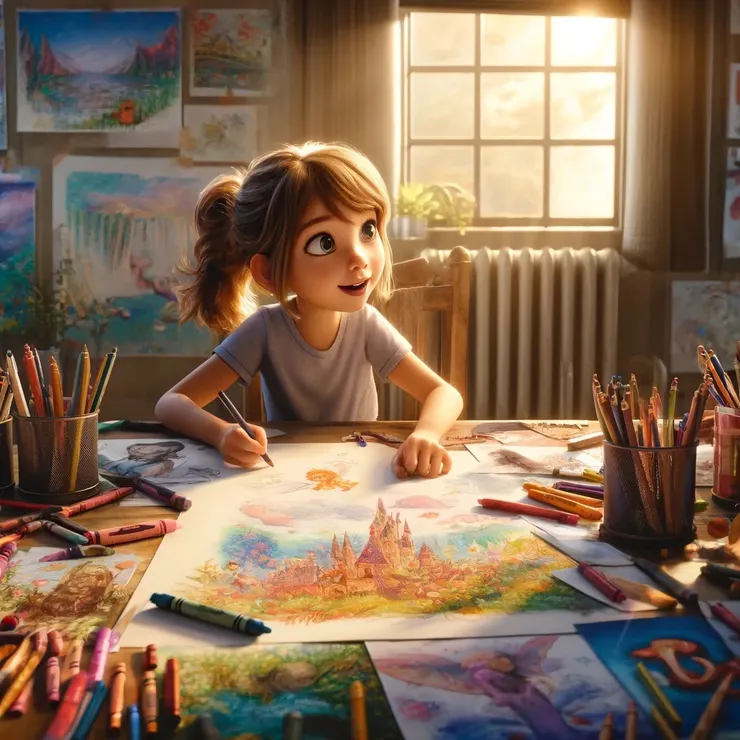 Jane, seven years old, is in her element. She's determined to fill every sheet of paper with her vibrant imagination. 