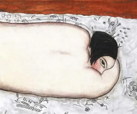 《花毯上的側臥裸女》局部畫面