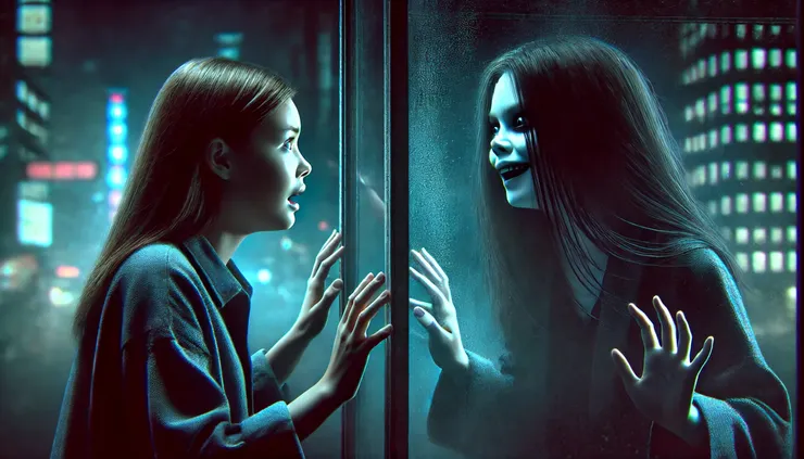 夢裡的玻璃另一邊，其實是長得跟我一樣但不同表情的自己，其實沒有這麼像鬼啦...但生成有上限，請見諒...- ChatGPT