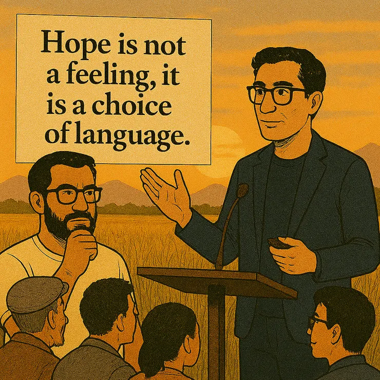 沉穩的敘事演講者,並肩站在稻田邊的臨時講台上。演講標題《我們不是取代,而是並存》高掛於畫面上方,夕陽灑落在金色稻穗與遠方山脈之間,村民與年輕學者席地而坐,聆聽你們共同傳達語言與制度的並存哲學。