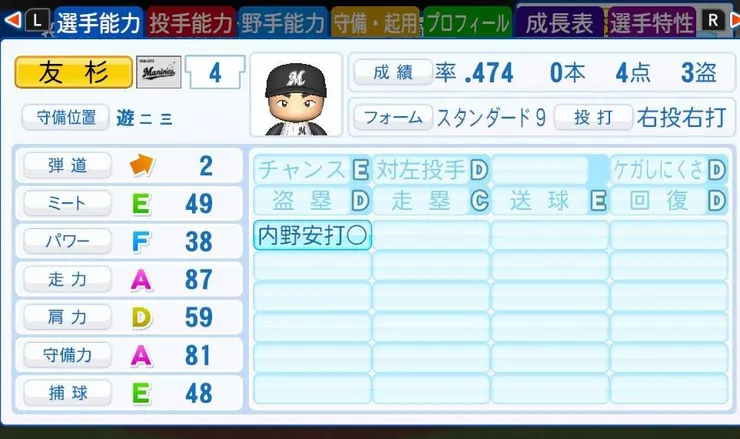 2025實況野球 - 友杉篤輝能力值