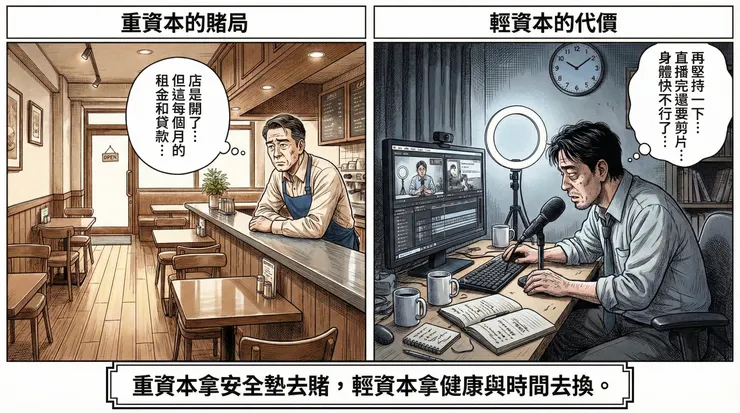 重資本拿現金安全墊去賭，輕資本拿健康與時間去換。