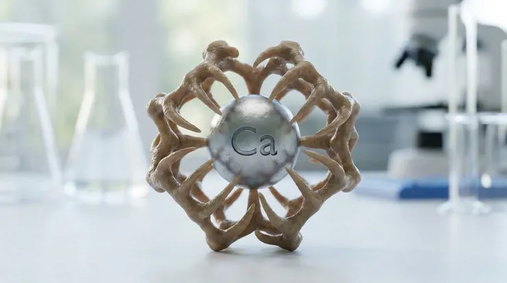 胺基酸螯合技術微觀示意圖。有機分子像爪子般包裹鈣離子，使其形成穩定複合物，大幅提升吸收率並減少腸胃刺激