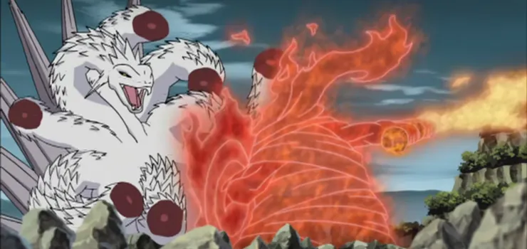 宇智波鼬的須佐能乎對戰大蛇丸八岐之術，對應須佐之男命斬殺八岐大蛇。