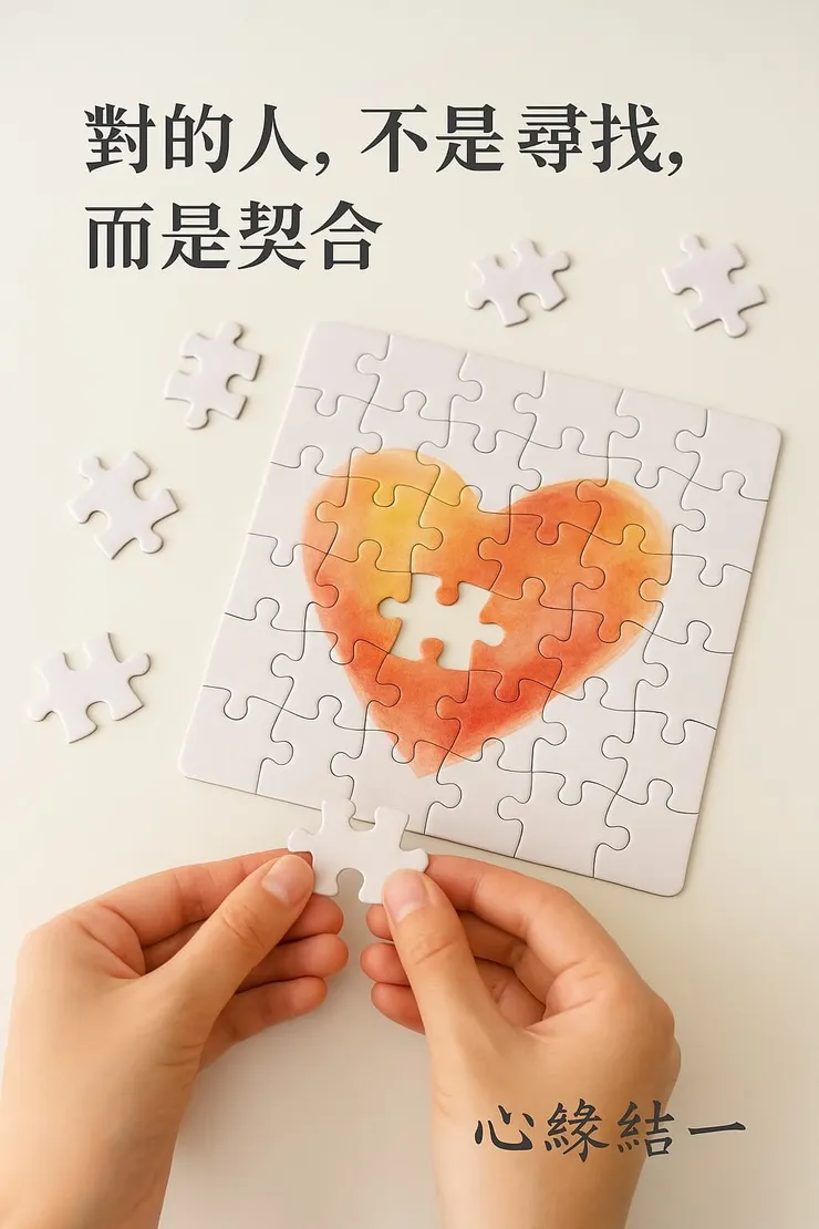 一雙手正要將最後一塊拼圖完美契合，象徵透過正緣和合術，找到那位獨一無二的靈魂伴侶。