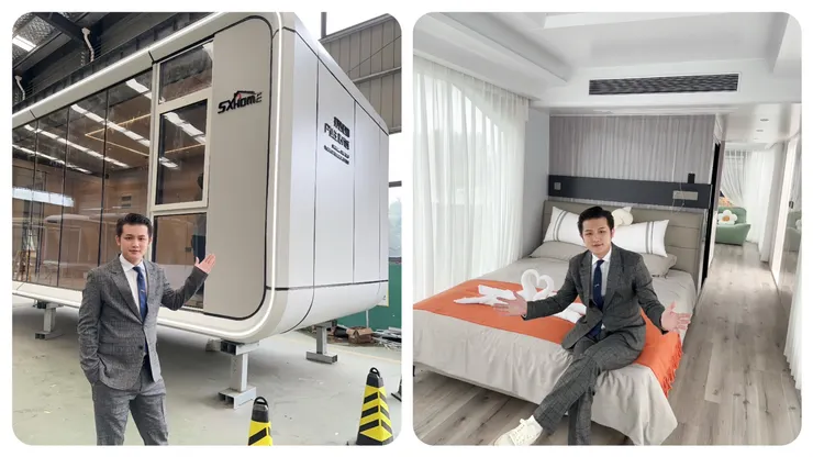 雄鷹娛樂文創事業執行長梁軒安宣布進軍高端露營圈，引進全球首富Elon Musk的蘋果艙來台。(圖／宿禧家提供)