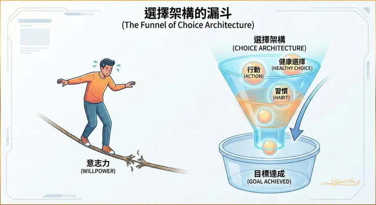 行為經濟學與《Nudge》提醒我們：不要一直跟大腦的慣性硬碰硬。透過「選擇架構」把環境與流程設計好（Nudge 的核心精神），行為會在更低耗能的狀態下，慢慢滑向你要的方向。