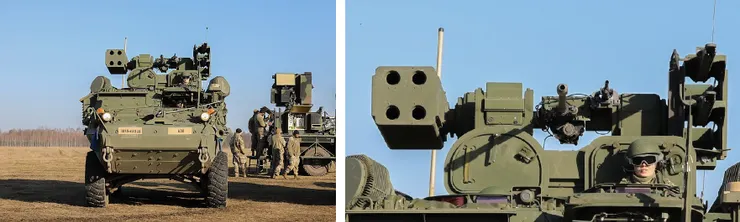 以史崔克為底盤的IM-SHORAD系統，右邊為RIwP武器站放大圖。(Photo by US Army)