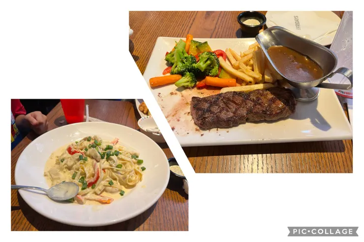 鮮蝦白醬義大利麵、8oz沙朗牛排。