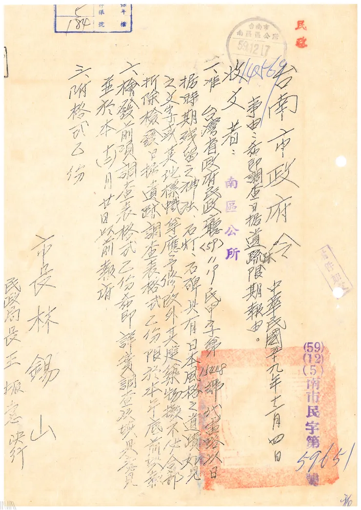 圖9 1970年更改日本年號範圍擴展到日治時期遺留的神社、石燈及石碑等 檔號：A395520000A/0059/122/1