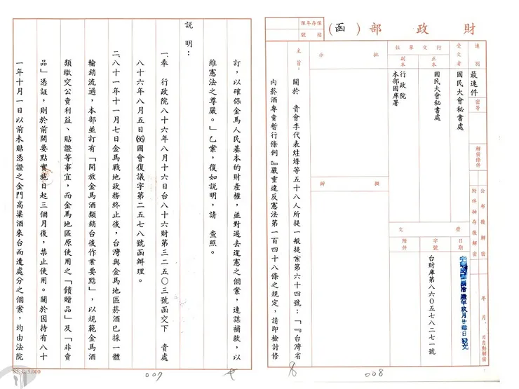 圖11 財政部函復國民大會承諾有關廢止臺灣省內菸酒專賣暫行條例,並積極推動菸酒專賣改制工作
案名:代表(一般、修憲)提案
檔號:0086/511/1/1-16/173
來源機關:國民大會
管有機關:國家發展委員會檔案管理局