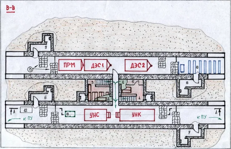 蘇聯防空陣地平面圖，有移動維修車間、兩套發電機，門口設置沙袋(編號13)以免火力直接灌入，甚至還有撞球桌和俱樂部
