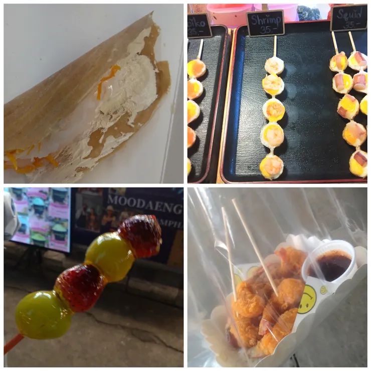 ［左上：不知名的甜品］［右上：鵪鶉蛋］［左下：糖葫蘆］［右下：炸蝦］