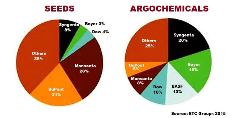 拜耳收購孟山都前各大公司的作物市場份額
