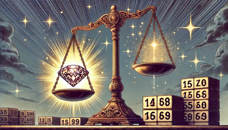 天平上,年資數字與成就寶石對比,顯示成就比年資更有份量。