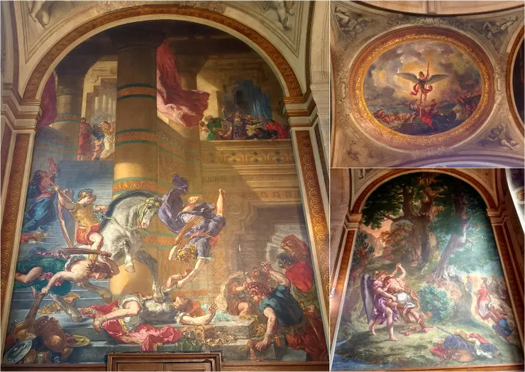 【別找玫瑰線去看德拉克洛瓦名畫！三幅大型壁畫描繪聖經主題：右下： 《雅各與天使摔跤》（Jacob Wrestling with the Angel）。 左：《赫略多羅斯被逐出聖殿》（Heliodorus Driven from the Temple）。 右上(圓頂)：《聖米迦勒戰勝惡魔》（Saint Michael Vanquishing the Demon）】