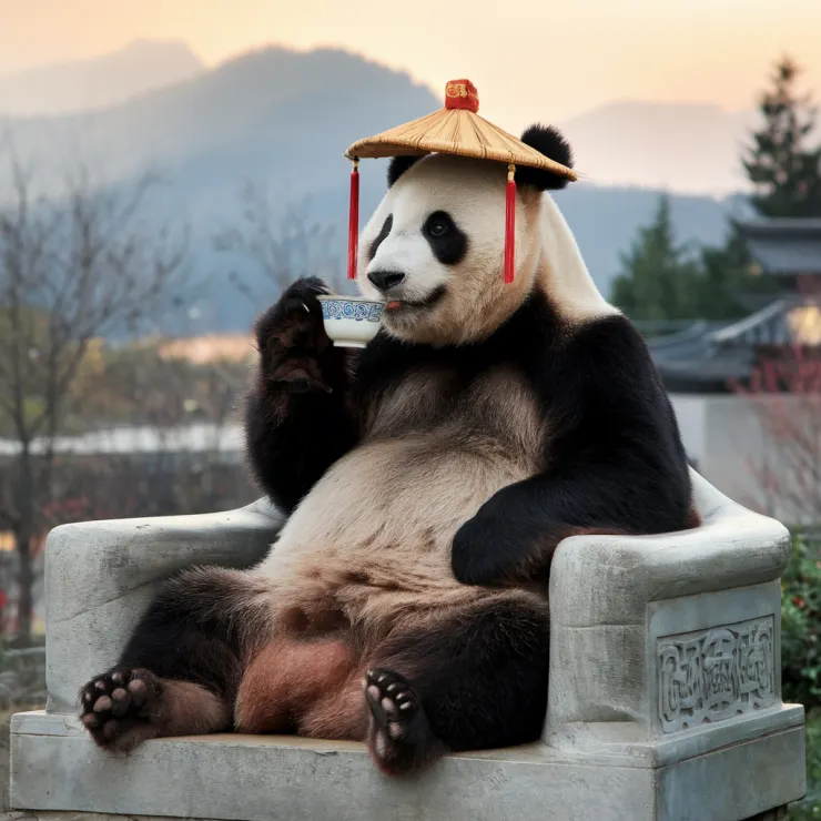 A photo of a panda bear sitting on a stone chair and drinking tea. The panda is wearing a traditional Chinese hat. The background reveals a serene landscape with mountains, trees, and a building.