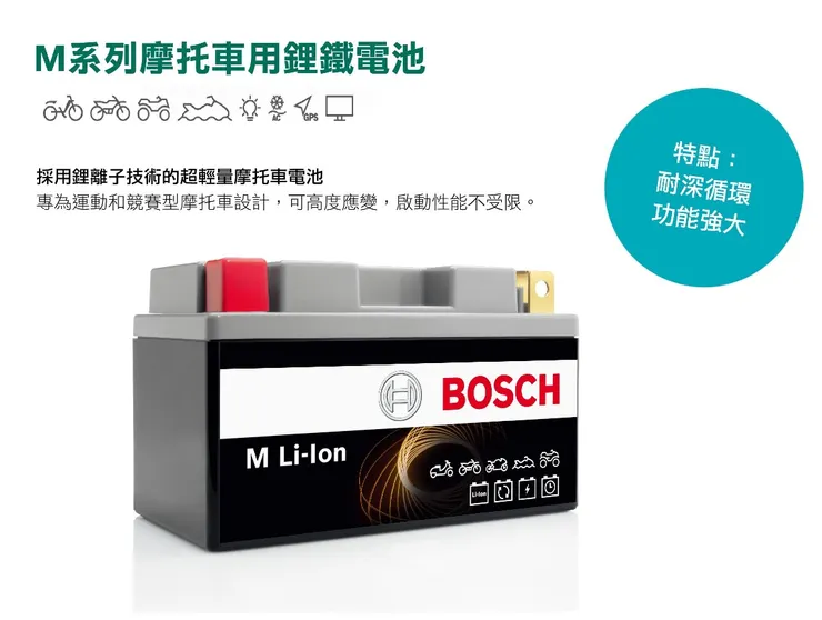 博世正式在台灣市場推出適用於Powersports的M 系列Li-Ion鋰鐵電池。(資料來源:博世)