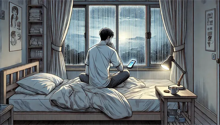 中年男子清晨坐在床邊，窗外灰雨綿綿，手機在床頭微微震動，室內安靜帶點憂鬱感。