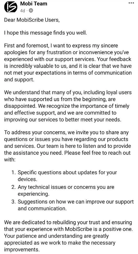 睽違多個月，Mobiscribe團隊近期在英文社群發表聲明