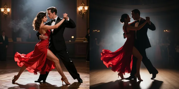Prompt: A cinematic shot of a couple dancing a passionate Argentine Tango in a dimly lit, smoky ballroom. The woman wears a flowing red dress with a high slit, her leg is elegantly hooked around the man's leg (gancho move). The man in a sharp black suit holds her firmly. Dramatic rim lighting highlights their silhouettes and the motion blur of the dress. Intense emotional connection. (左：Z-Image-Turbo 右：FLUX-2 [dev])