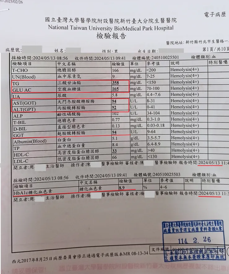 2024.05.13體檢的肝指數與糖化血色素值