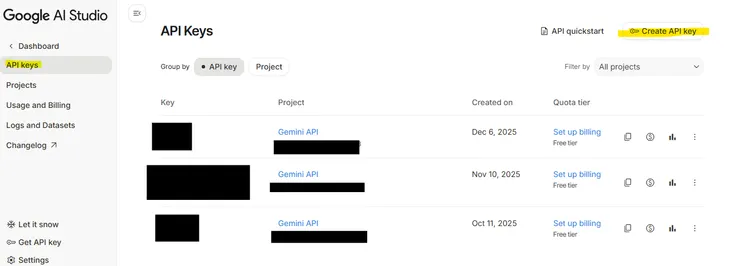右上角按Create API key (請忽略反黑的部分是我之前已經有建立的key)