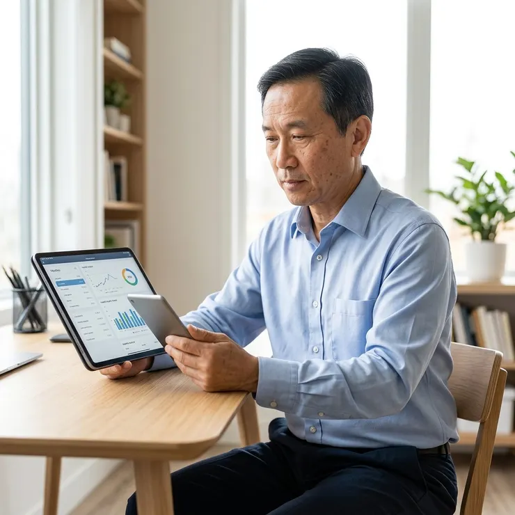 梁練偉在書桌前專注分析健康數據，強調精準健康管理。