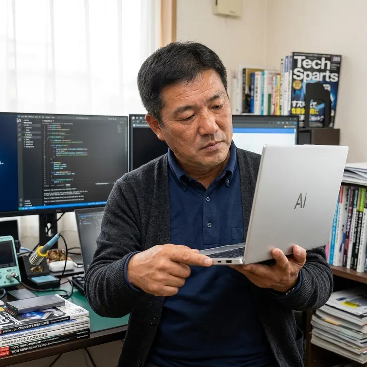 梁练伟在私人工作室仔细检查最新款AI PC笔记本，从外观到接口，剖析这款数码硬件的设计细节。