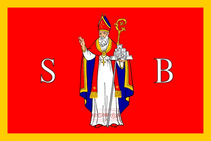 拉古薩共和國國旗。圖片來源： Wiki Commons, "St. Blaise - State Flag of the Ragusan Republic.svg"