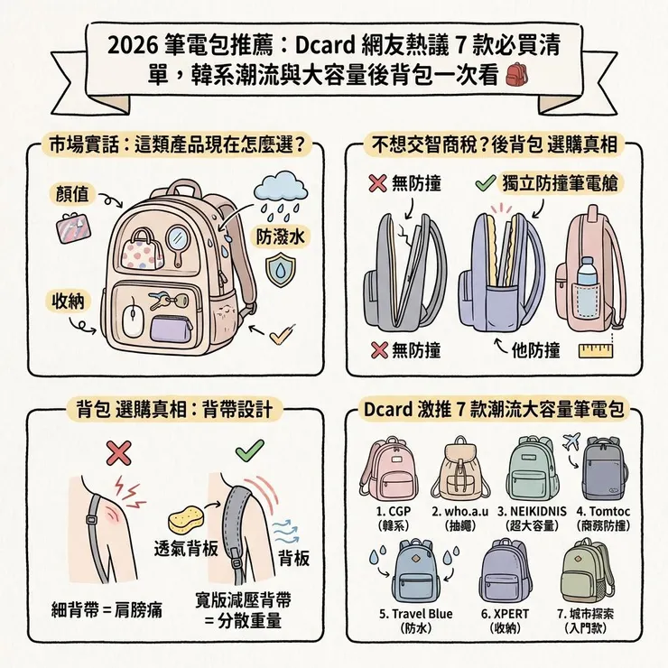 2026 筆電包推薦：Dcard 網友熱議 7 款必買清單，韓系潮流與大容量後背包一次看 🎒