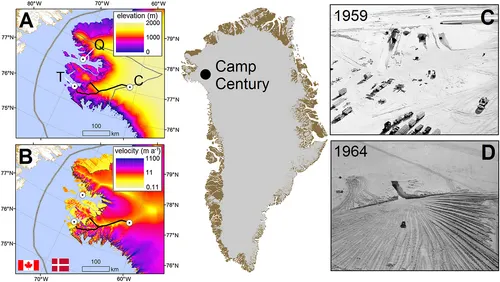 1959年（C）和1964年（D）建造期間世紀營的東北入口，世紀營地位於格陵蘭島西北部。