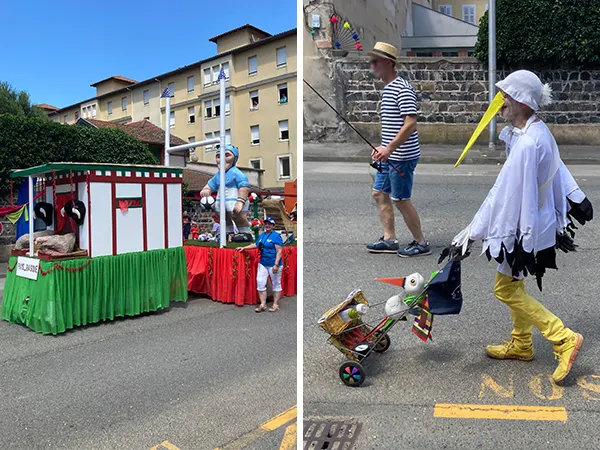 (左)巴斯克地區，後面的小小手球員一路跟民眾玩拋接球 (右)阿爾薩斯送子鳥老先生