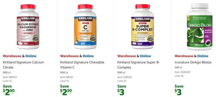 Kirkland Signature 鈣、鎂與鋅綜合錠500粒裝 $16.49、咀嚼式維生素C 500粒裝 $15.49、綜合B群500粒裝 $15.49、Trunature 銀杏葉精華340粒裝 $16.99。